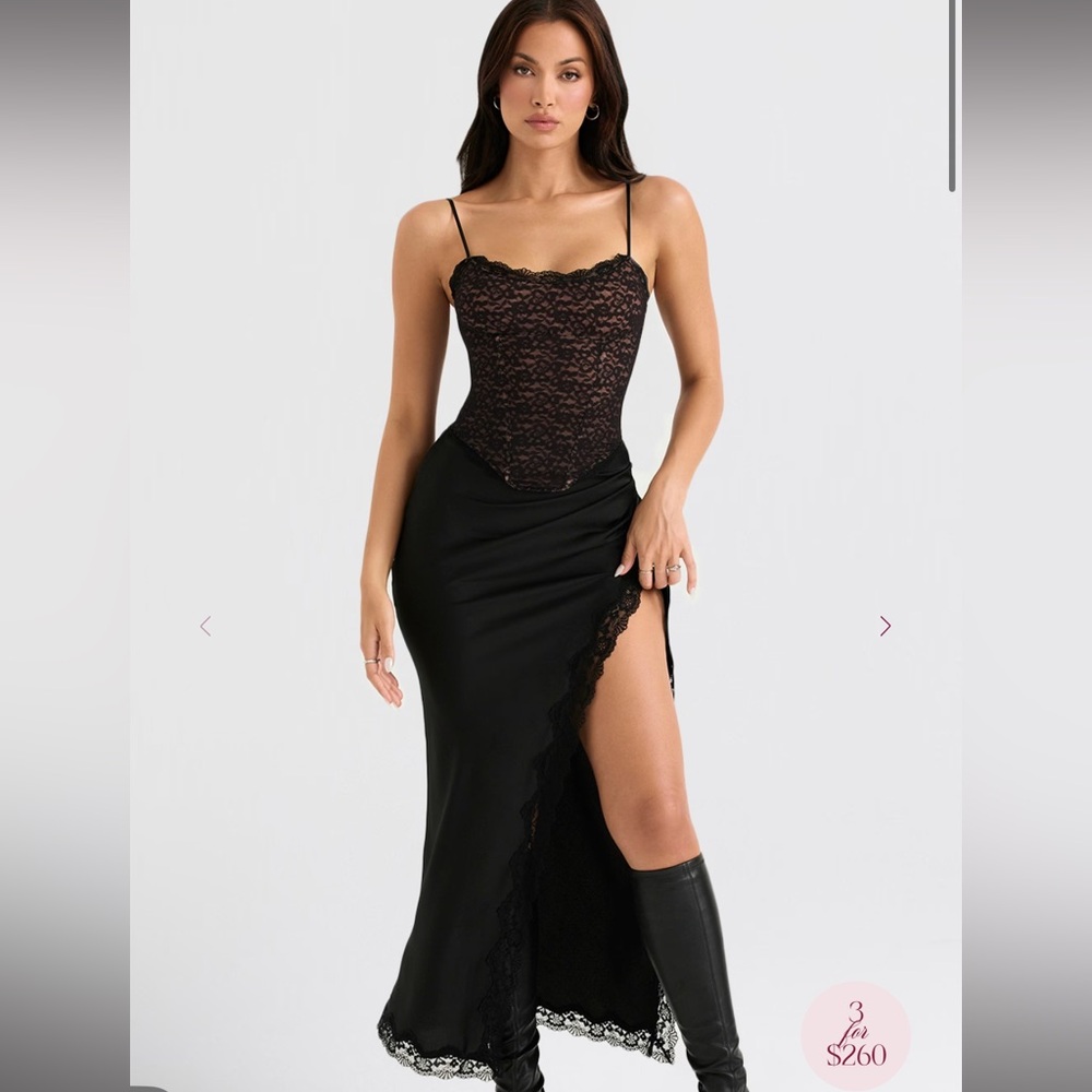 House of CB RUBY NWT Black Satin Lace Trim Midi Skirt Small - Picture 1 of 10
